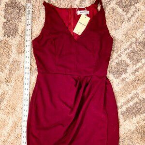 Manydress Faux-Satin Deep Red Assymetric Hem Mini Dress (S)